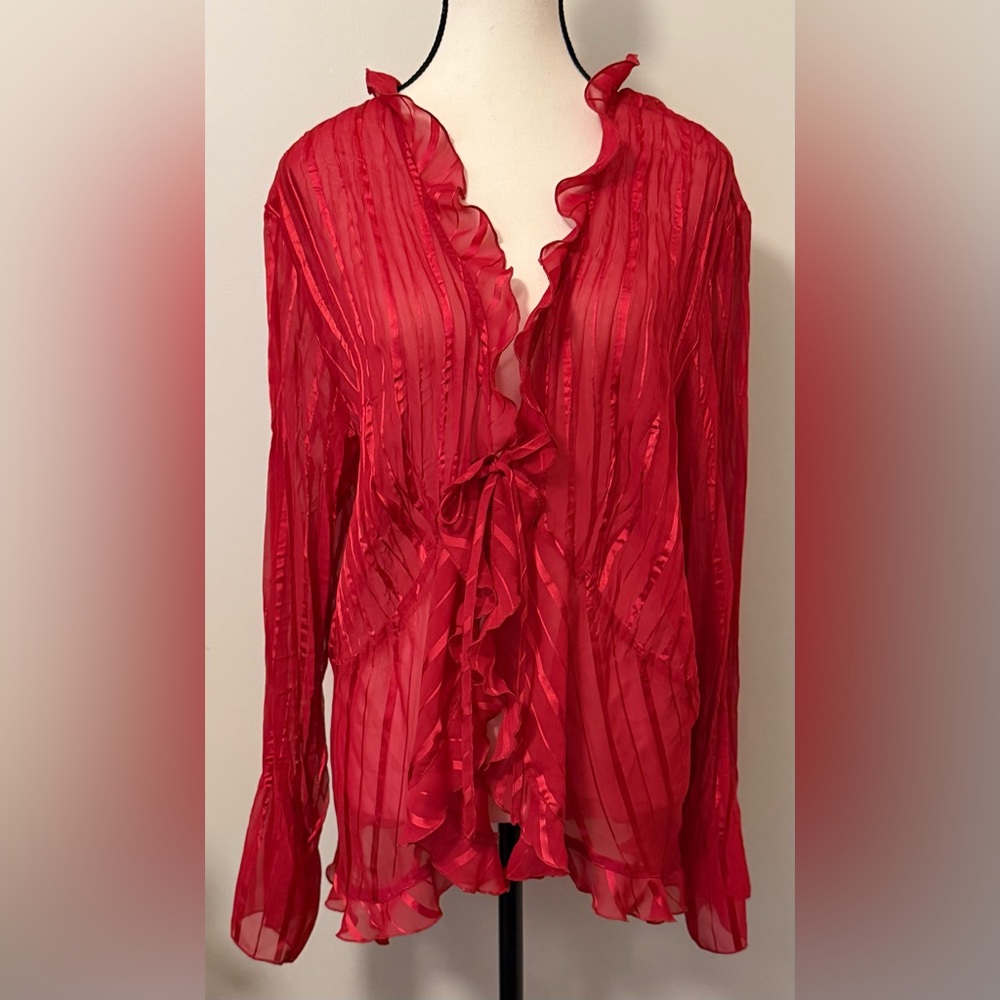 NY Collection Vibrant Red Ruffled Blouse. Wear with a camisole for sheer look.